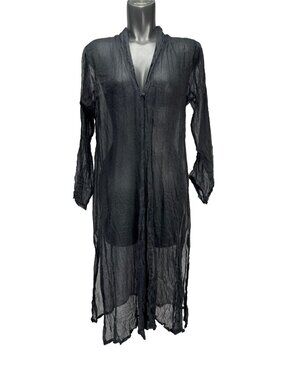 ANOKHI FOR EAST Black Sheer Cotton Silk Single Button Side Slit Longline Tunic L